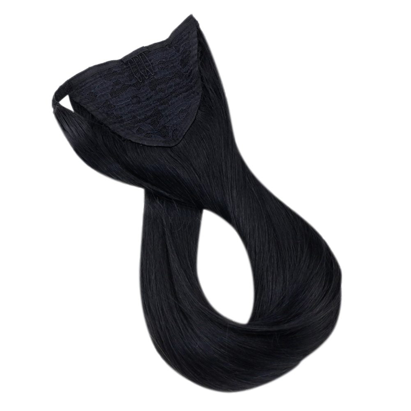 Paardenstaartverlenging Echt haar Wikkel rond Clip in paardenstaart 100 g #1 Jet Black
