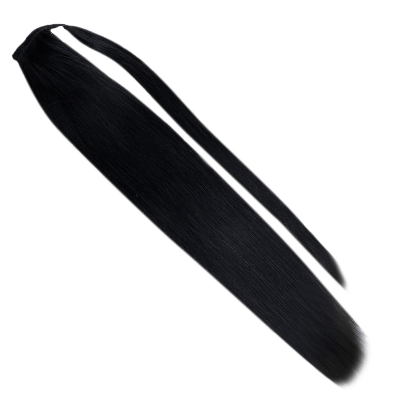 Paardenstaartverlenging Echt haar Wikkel rond Clip in paardenstaart 100 g #1 Jet Black