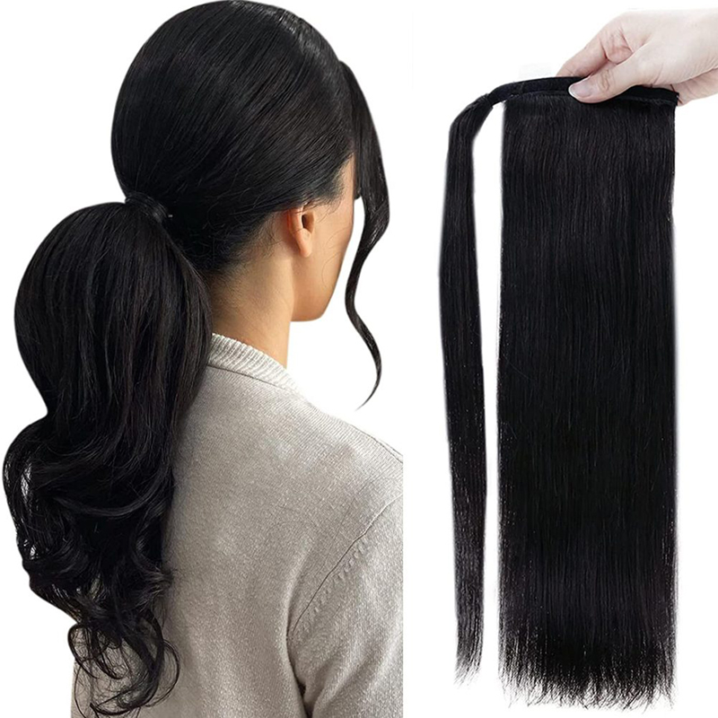 Paardenstaartverlenging Echt haar Wikkel rond Clip in paardenstaart 100 g #1 Jet Black