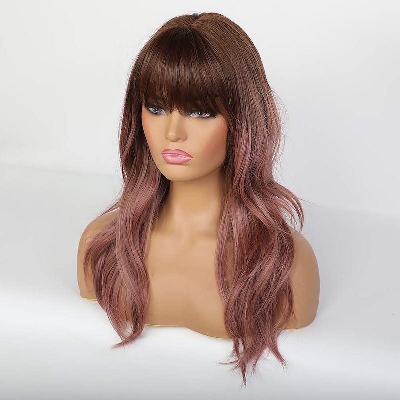 Paars roze golvende pruiken met pony Natuurlijke krullende synthetische Ombre pruiken