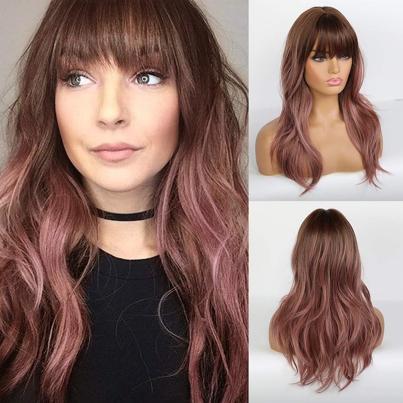 Paars roze golvende pruiken met pony Natuurlijke krullende synthetische Ombre pruiken