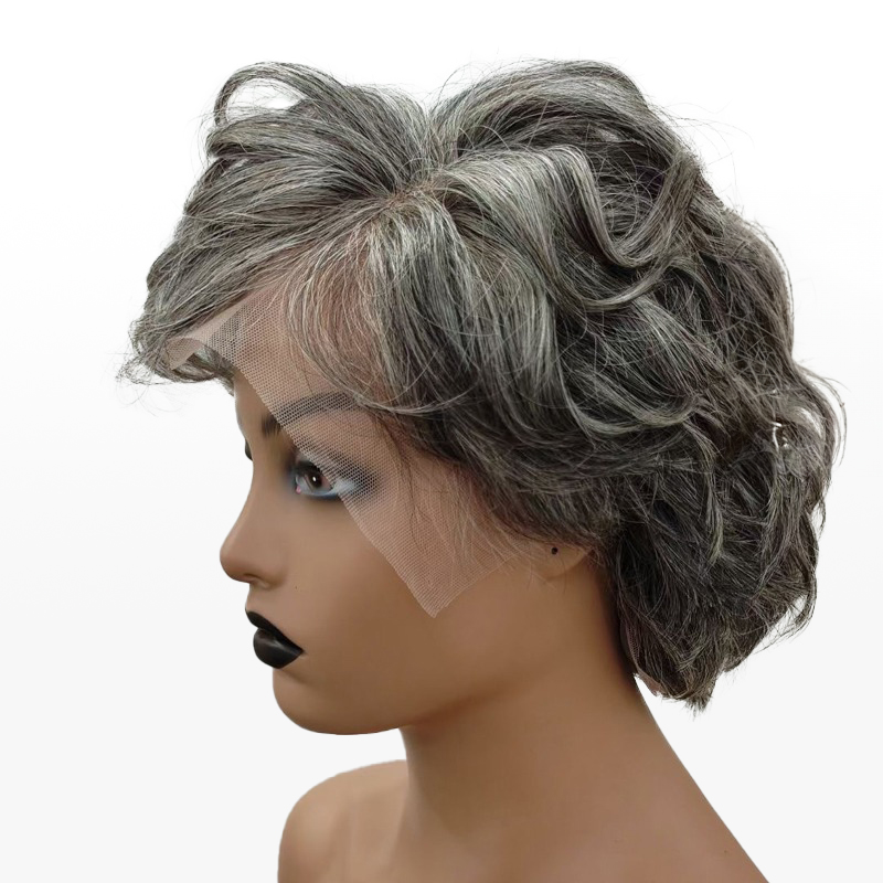 Zout & peper aangepaste Pixie Cuts pruik natuurlijke Wave pony pruiken voor moeder