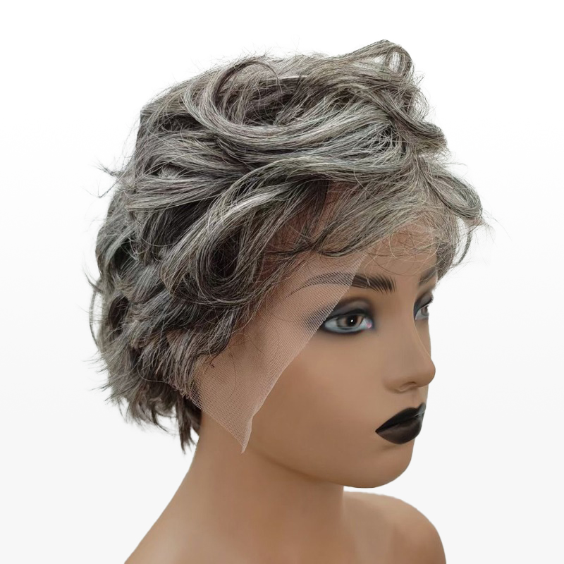 Zout & peper aangepaste Pixie Cuts pruik natuurlijke Wave pony pruiken voor moeder