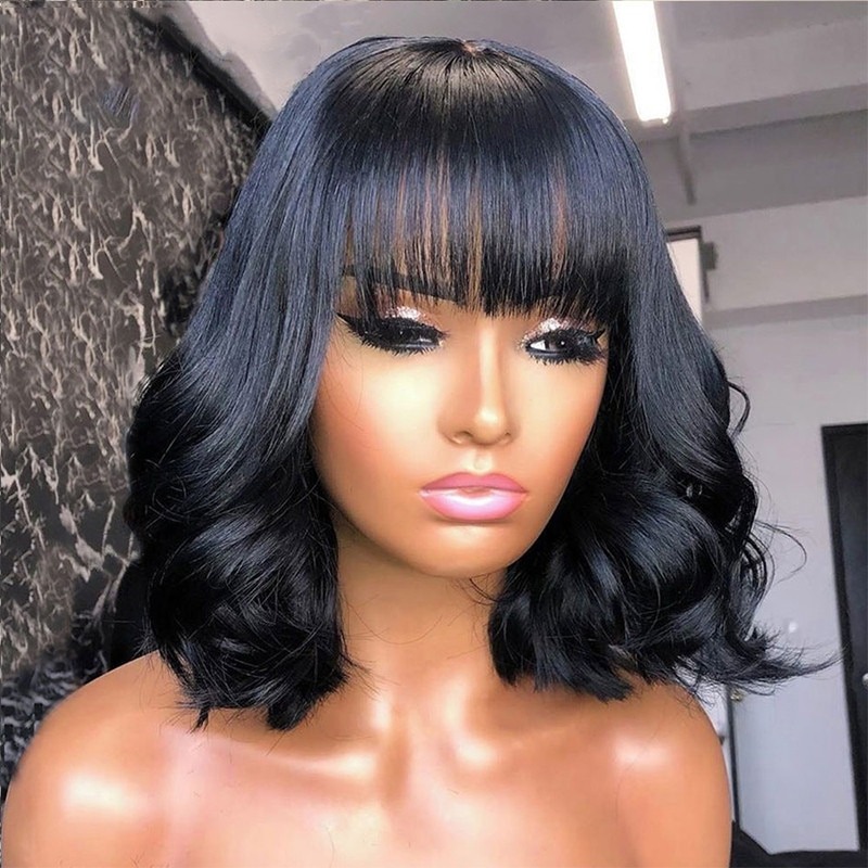 Korte Bob Pruiken Met Pony 13X4 Body Wave Menselijk Haar Pruik Met Pony