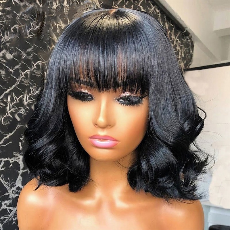 Korte Bob Pruiken Met Pony 13X4 Body Wave Menselijk Haar Pruik Met Pony