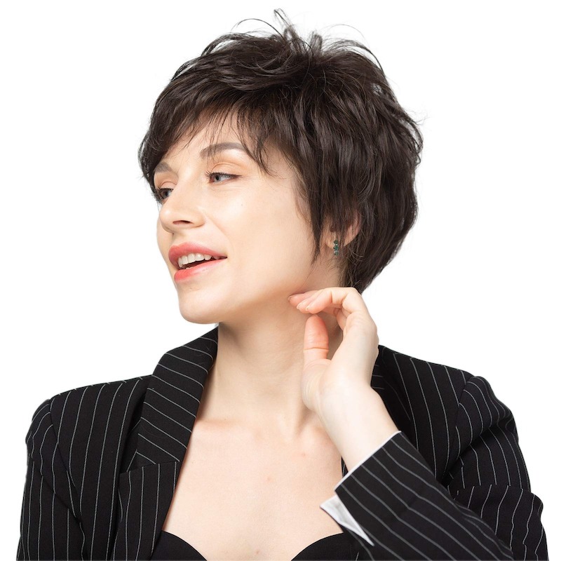 Korte donkerbruine synthetische pruiken voor dames en Lady Pixie Cut dagelijkse pruik