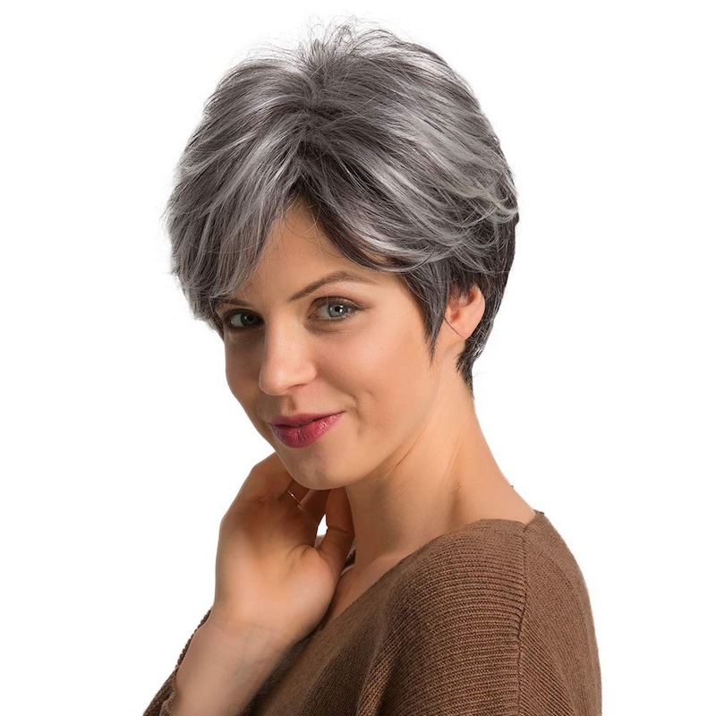 Korte grijze zout en peper synthetische pruiken Pixie Cut dagelijkse pruik