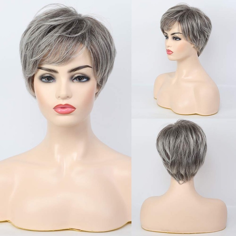 Korte grijze synthetische pruiken voor dames Natuurlijk haar Dagelijkse Pixie Cut-pruik
