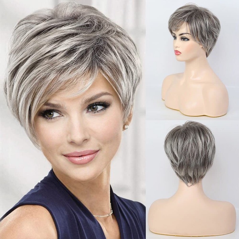 Korte grijze synthetische pruiken voor dames Natuurlijk haar Dagelijkse Pixie Cut-pruik