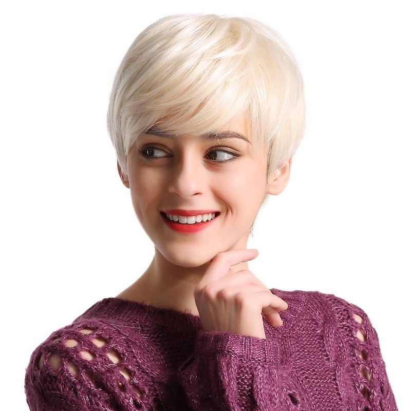 Korte platinablonde synthetische pruiken Pixie Cut pruik met pony