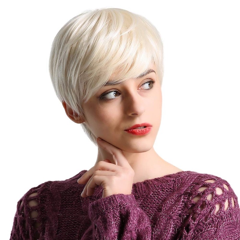 Korte platinablonde synthetische pruiken Pixie Cut pruik met pony
