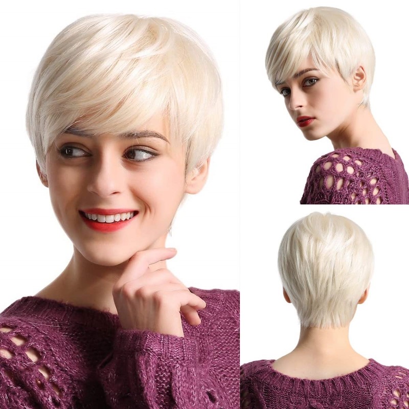 Korte platinablonde synthetische pruiken Pixie Cut pruik met pony