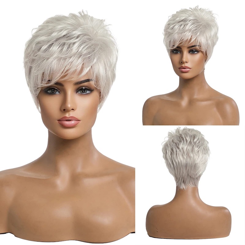 Korte zilvergrijze haarpruiken voor vrouwen Blend Pixie Cut-pruik met knal