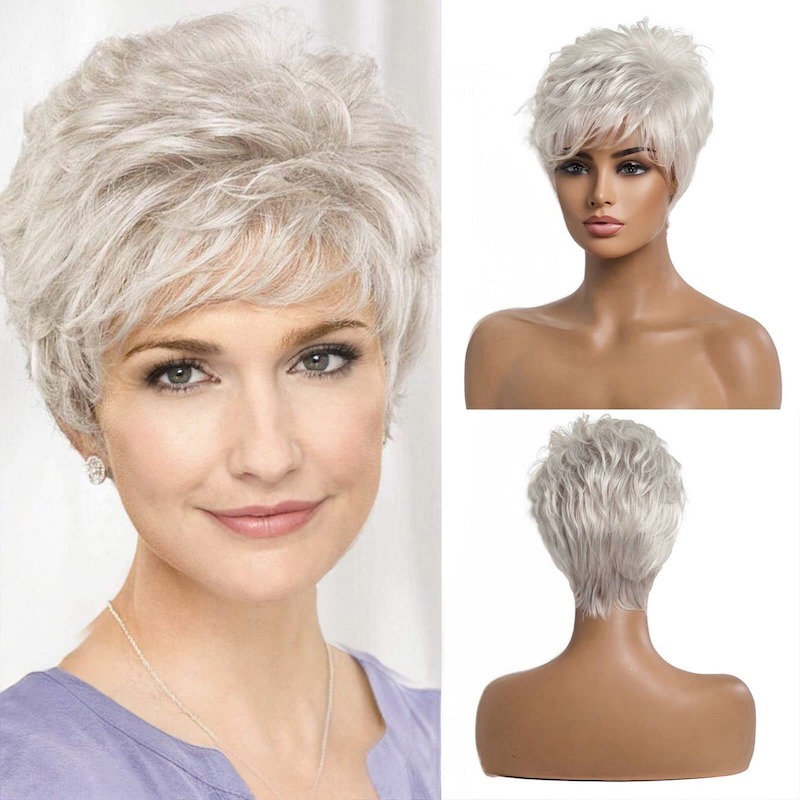 Korte zilvergrijze haarpruiken voor vrouwen Blend Pixie Cut-pruik met knal