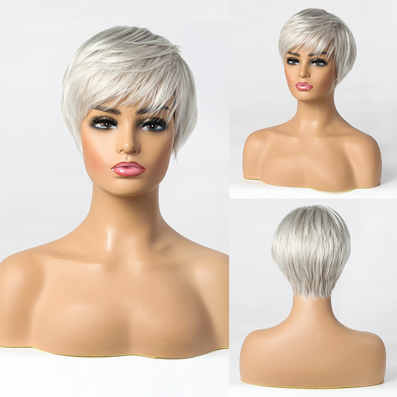 Korte zilvergrijze synthetische pruiken voor vrouwen Pixie Cut pruik