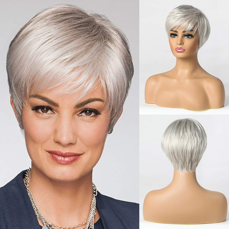Korte zilvergrijze synthetische pruiken voor vrouwen Pixie Cut pruik