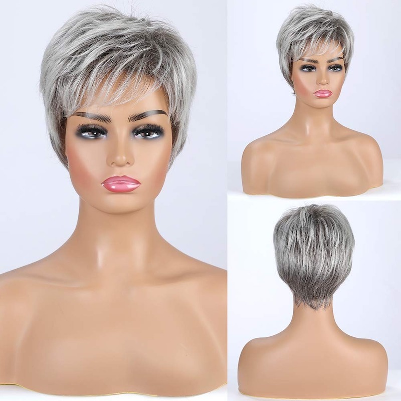 Stijlvolle korte grijze synthetische pruik voor vrouwen Pixie Cut pruik