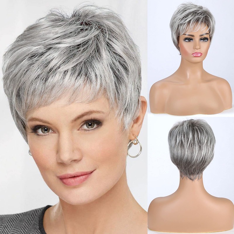 Stijlvolle korte grijze synthetische pruik voor vrouwen Pixie Cut pruik