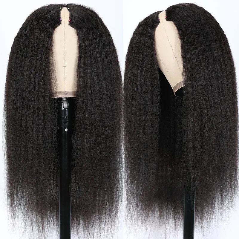 V-deel pruik Kinky recht menselijk haar Beschermende stijl Geen Lace Wig