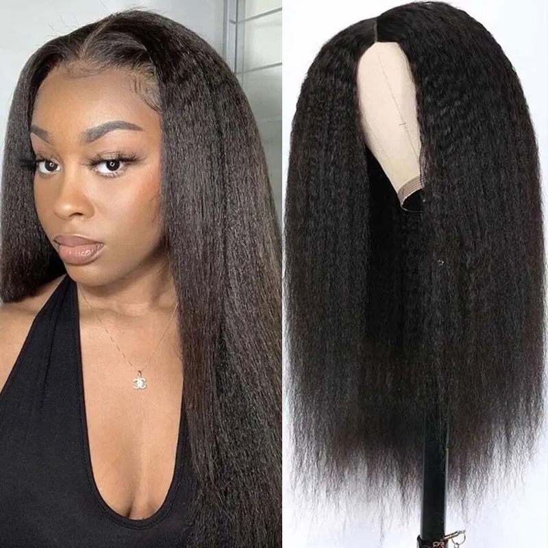 V-deel pruik Kinky recht menselijk haar Beschermende stijl Geen Lace Wig