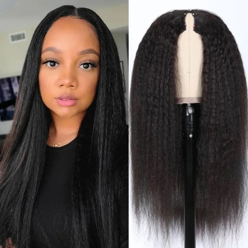 V-deel pruik Kinky recht menselijk haar Beschermende stijl Geen Lace Wig