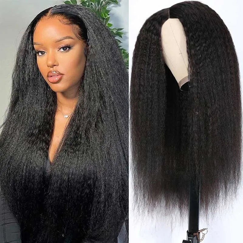V-deel pruik Kinky recht menselijk haar Beschermende stijl Geen Lace Wig